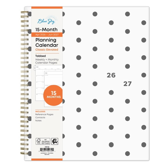 Blue Sky Monthly Weekly Planner, 8.5" x 11", Dot BW 15-Month (April 2026 - June 2027)