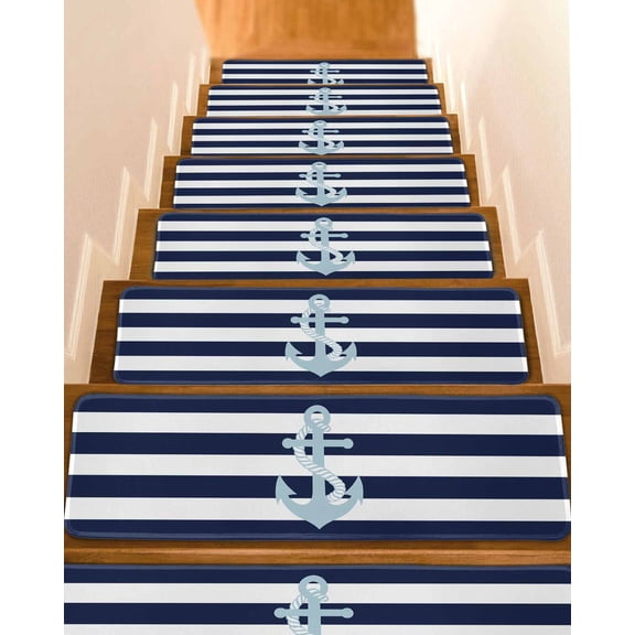 Stair Treads for Wooden Steps, Navy Blue Striped Peel and Stick Stair Treads with Adhesive, Blue Anchor Nautical Farmhouse Non Slip Indoor Stairs Runner Rugs Mats for Elders Dogs 8"x30" 10PCS