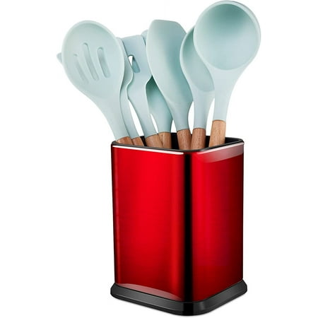 Stainless Steel Kitchen Utensil Holder for Countertop.Large Cooking Utensils Organizer for Spatula Spoon.Weighted Base Modern Rectangular Utensil Caddy Kitchen Counter.Utensil Crock(Red)