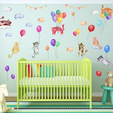 2Sheets Colorful Cat Wall Stickers Peel and Stick Wall Decals Large Size Clouds Balloon Wall Art Murals Wall Stickers for Bedroom Living Room Nursery Party Wall Decoration