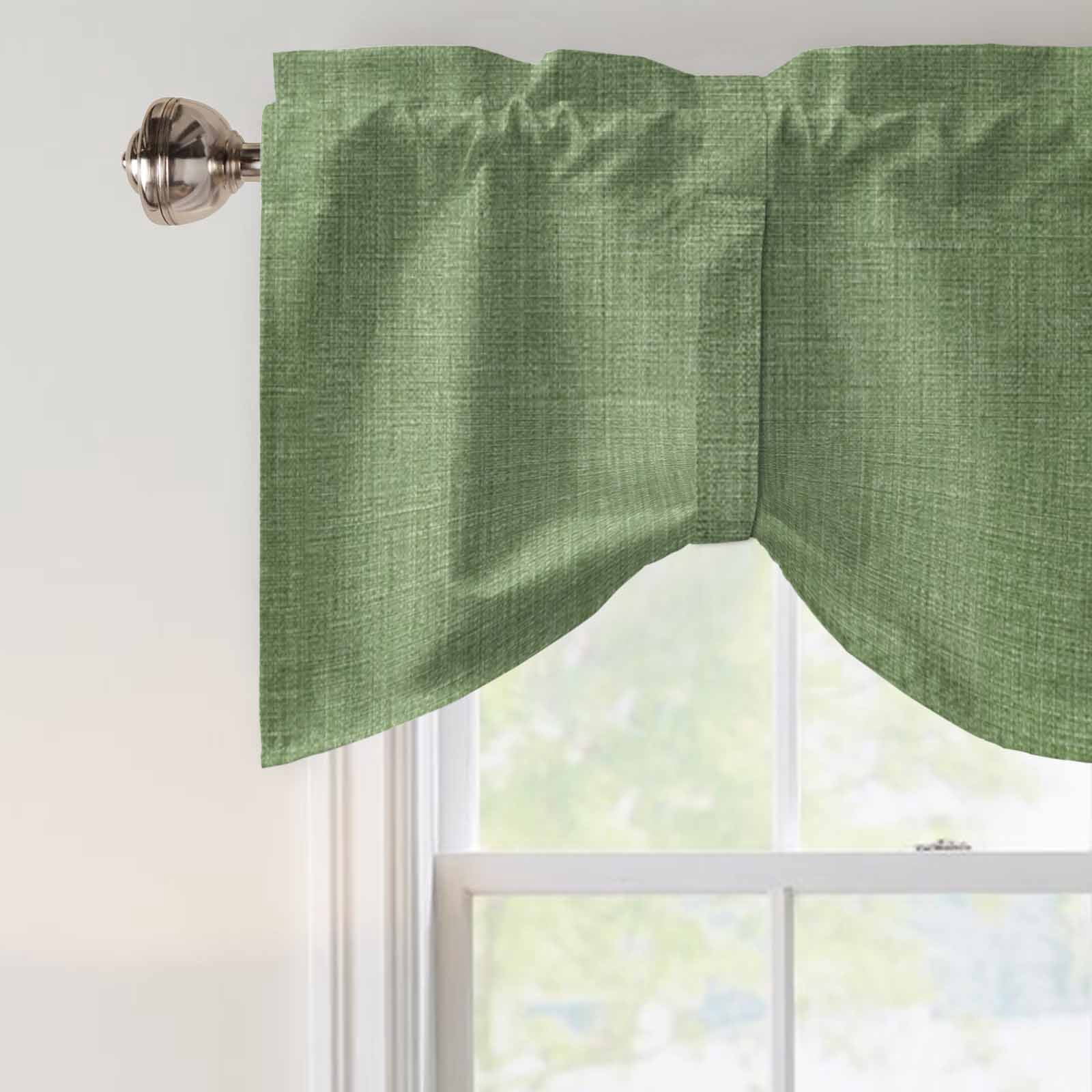 Vintage Forest Green Tie Up Valance Curtains for Windows, Kitchen Curtains Window Treatments, Farmhouse Retro Solid Color Linen Texture Short Window Shades Valances for Bedroom Bathroom Cafe 54"x18"