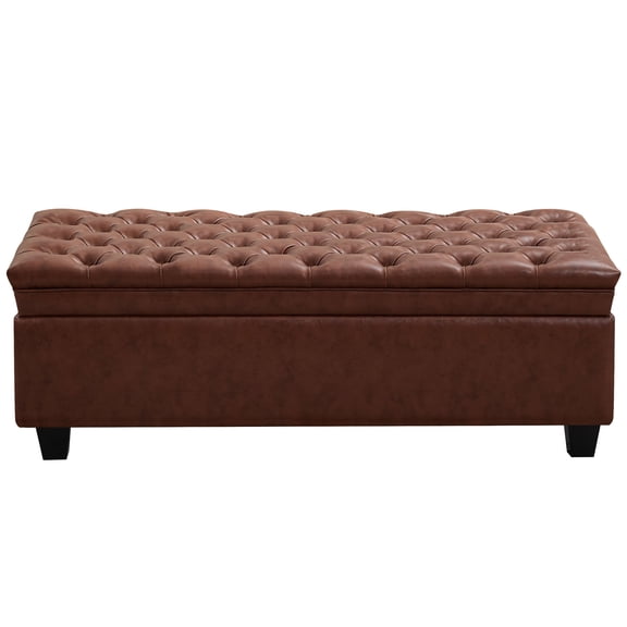 HASLE 50" Faux Leather Storage Ottoman Bench, Tufted Upholstered Rectangle Bench with Hinge for Bedroom, End of Bed, Living Room Hallway, Bright Brown