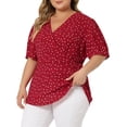 thumbnail image 2 of Women's Plus Size PolDots Blouses V Neck Button Front Short Sleeve Wrap Peplum Top Red 2X, 2 of 7