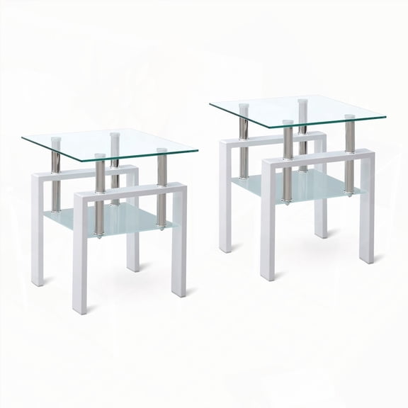 2 Pieces Clear Tempered Glass End Table, 2-Layers with Storage, Living Room Side Table