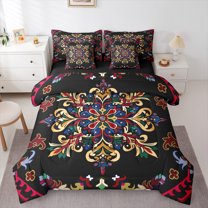 Homewish Bohemian Damask Mandala 7 Pieces Bedding Comforter Set For Teens Female Men,Exotic Style Full Bedding Set Lightweight,Traditional Floral Flower Fitted Sheet Flat Sheet,Ultra Soft Home Decor