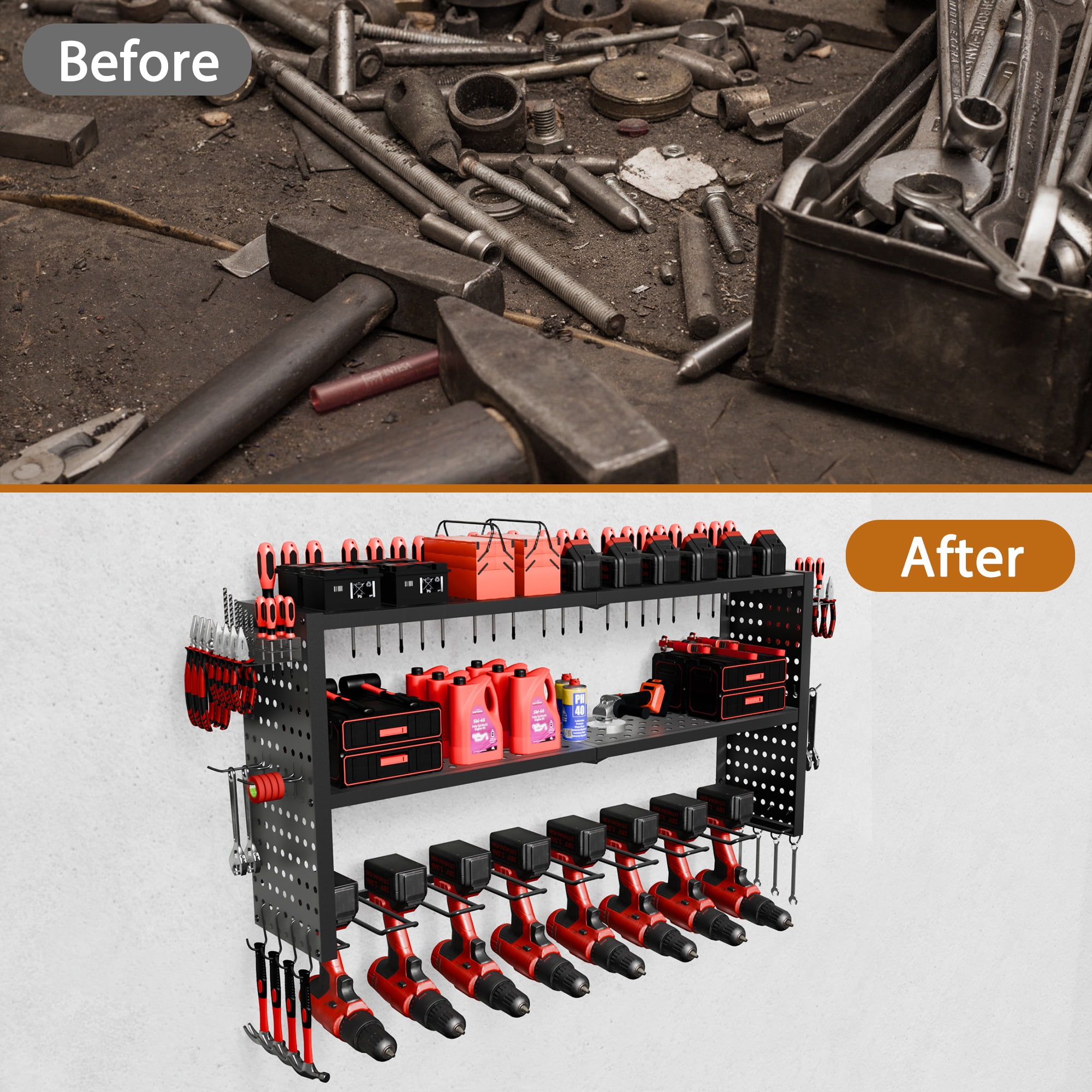 SQIREP Power Tool Organizer,3 Layers Storage Rack with 8 Drill Holders,Tool Organizer Wall Garage Organizer for Garage Organization, Workbench, Pegboard, Shed