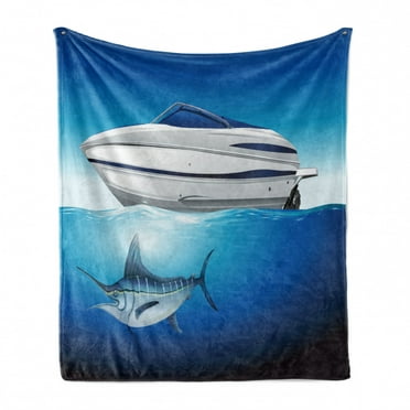 Fishing Theme Soft Flannel Fleece Throw Blanket, Seascape from White Boat in the Ocean with Swimming Sword Fish, Cozy Plush for Indoor and Outdoor Use, 50" x 60", Sea Blue and Pale Grey, by Ambesonne