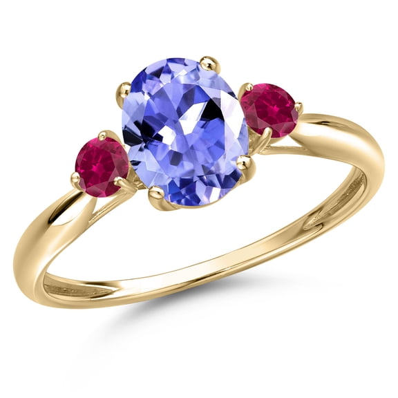 Gem Stone King 10K Yellow Gold Blue Tanzanite and Red Created Ruby 3-Stone Ring for Women | 1.44 Cttw | Oval 8X6MM | Gemstone December Birthstone | Size 8