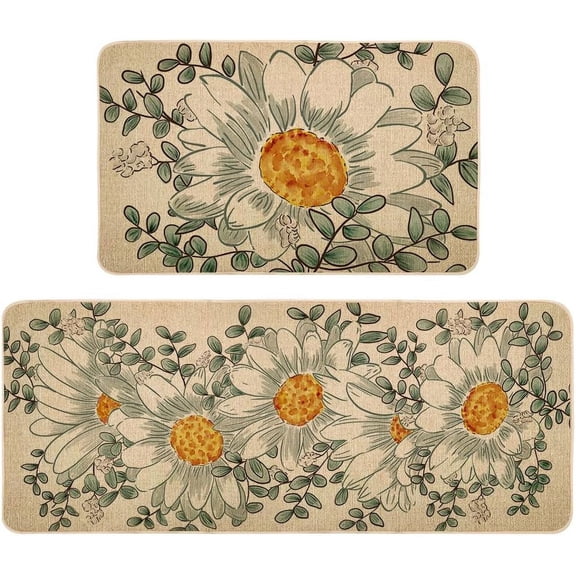 Spring Kitchen Rug Set of 2, Non-Slip Absorbent Door Mats Seasonal Daisy Decorative Kitchen Floor Mat 17x29 and 17x47 Inch DM143