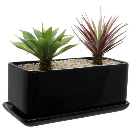 Window Box Company 10 inch Rectangular Modern Minimalist Black Ceramic Succulent Planter Pot/Window Box with Saucer ()