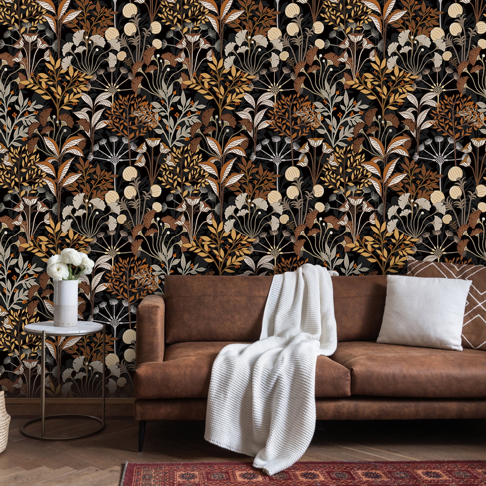Meiban Leaf Wallpaper Multicolor Peel and Stick Wallpaper Self Adhesive Wall Paper 17.7"x118" Boho Black/Brow Floral Leaf Contact Paper for Home Mural Wall Decor Wall Covering Old Furniture Renovation