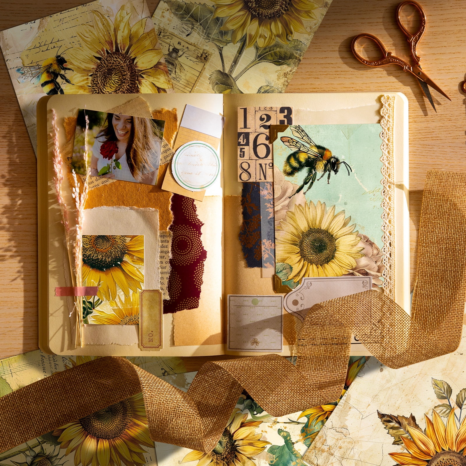Romantic Sunflower Theme Scrapbook Paper - 12 Sheets Vintage Floral Background for DIY Crafts and Journals