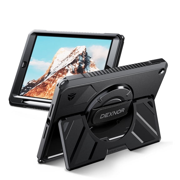 Dexnor for iPad 10.2 9th/8th/7th, Rugged Shockproof Protective Cover Full-Body Bumper Case with 360° Rotatable Hand Strap & Kickstand & Screen Protector & Pencil Holder, Black