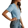 thumbnail image 5 of 2026 New Womens Casual V Neck Short Sleeve Button Down Shirts Business Casual Work Boho Tops Blouses(Light Blue,XXL), 5 of 7