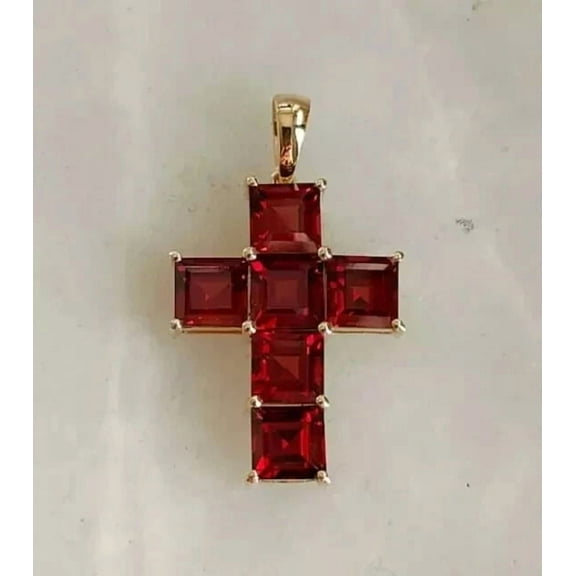 Brilliance Jewels 3.5CT Princess Cut Garnet Lab-Created Women's Cross Pendant Necklace 14K Yellow Gold Plated