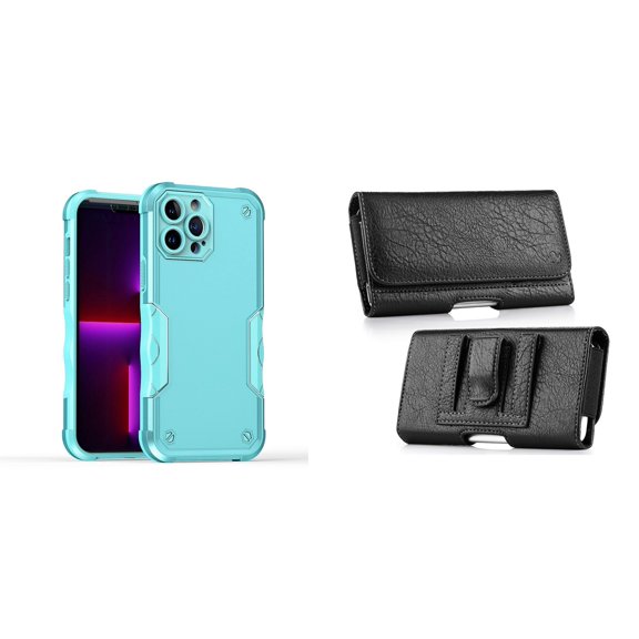 Case with Belt Holster Bundle for iPhone 14 Plus: Slim EX Hybrid Series Shockproof Case (Teal) and Coin Card Wallet Phone Pouch
