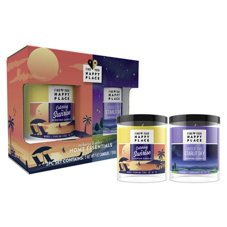 ($19 Value) Find Your Happy Place Home Essentials Scented Candle Holiday Gift Set, Catching the Sunrise & Under the Starlit Sky, Mango & Sparkling Citrus and Chamomile & Sandalwood, 2 Count