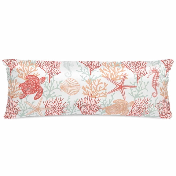 Red Orange Coastal Satin Pillowcase for Hair and Skin with Zipper, Soft Breathable Cooling Silk Pillow Cases, Sea Turtle Nautical Coral Summer Beach Body Pillow Covers Bed Pillows 20"x54"