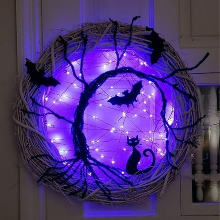 

Happy date Halloween Wreath Realistic Looking Eco-friendly Delicate Texture Battery Powered Wide Application Decorative Plastic Front Door Cat Bat Fake Garland Pendant for Home