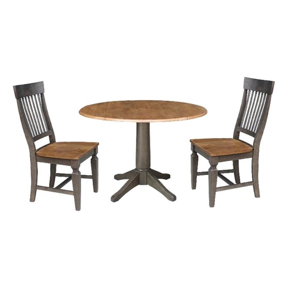 Wood 42 in. Round Drop Leaf Dining Table with 2 Chairs in Hickory/Washed Coal