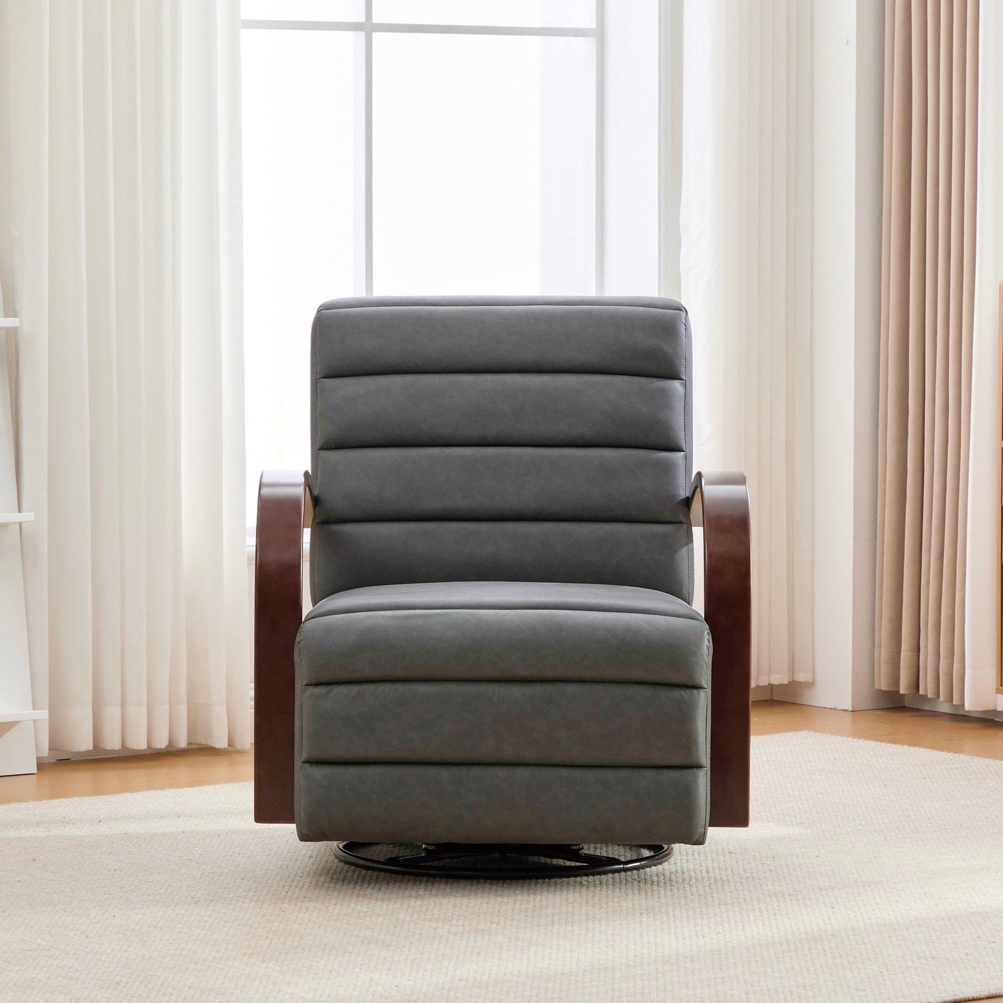 360° Swivel Accent Chair with Solid Wood Armrests,30.7"W PU Lounge Reading Chair Single Sofa Armchair for Bedroom Living Room Office,Gray