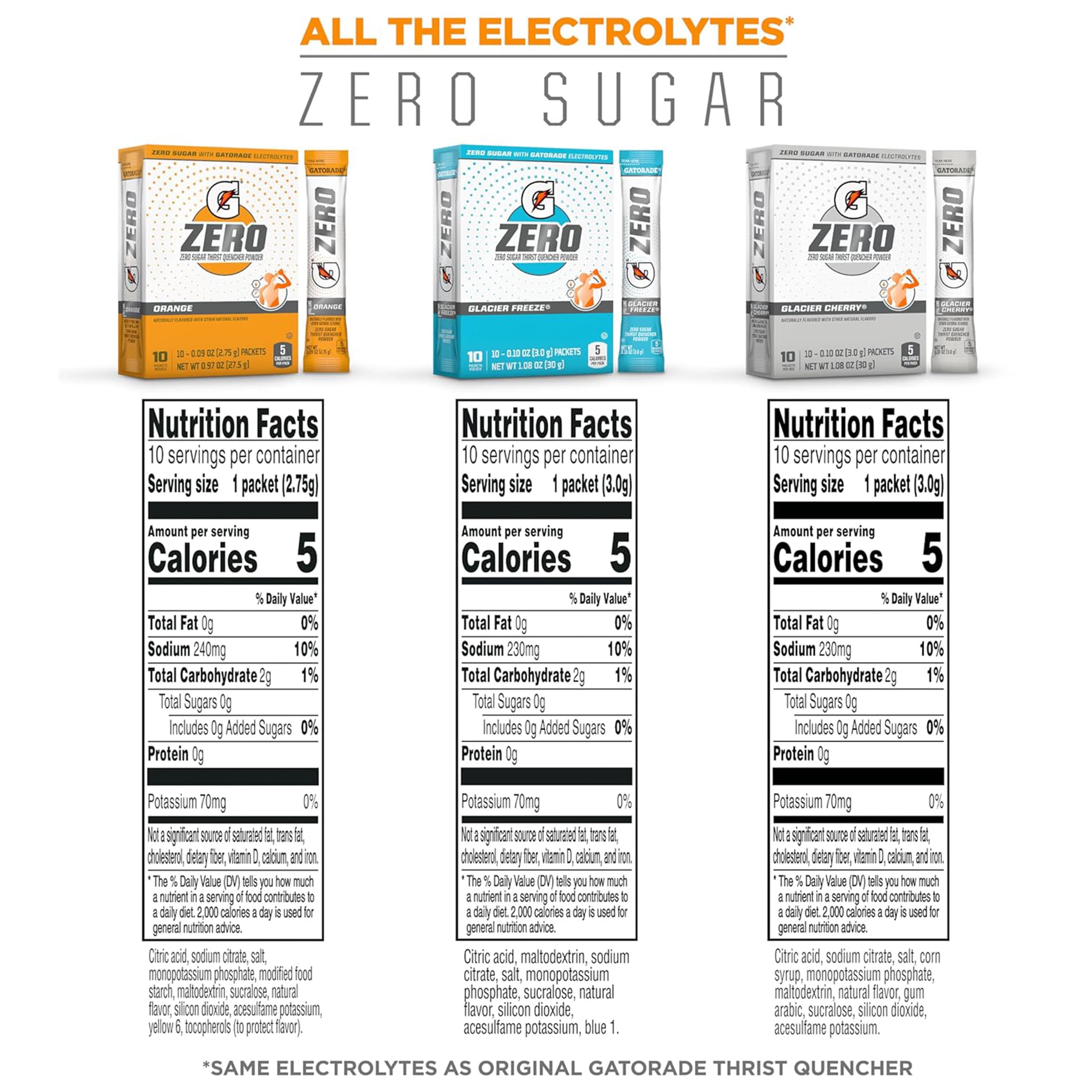Gatorade G Zero Powder, 3 Flavor Glacier Cherry Variety Pack, 10 oz, 50 Count Packets