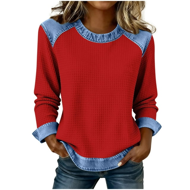 Camisetas de Manga Larga para las Mujeres Loose Fit Color Sólido Blusa de Cuello Redondo Top Suave Casual