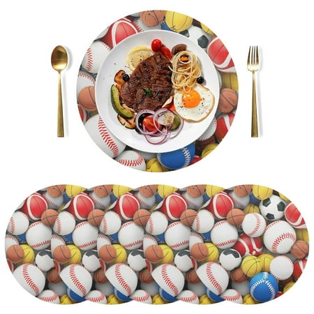 

Ryvnso Footballs Baseballs Round Plate Mats Dining Table Placemat Set of 6 for Holiday Decoration