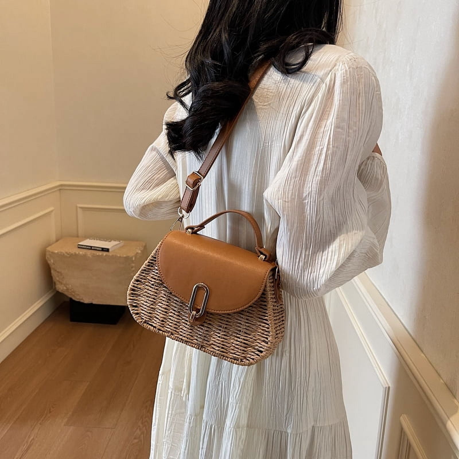 Straw Bags for Women, Handmade Straw & PU Crossbody Bag Summer Beach Shoulder Bag (Camel)