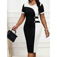 thumbnail image 5 of Black And White Colorblock Round Neck Short Sleeve Bodycon Pencil Dress For Women Slim Fit Waist Cinched Party Dress, 5 of 5