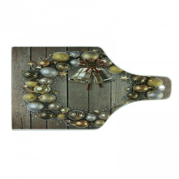 Christmas Cutting Board, Wreath Style Ornament with Baubles on Rustic Style Background Wooden Board Theme, Decorative Tempered Glass Cutting and Serving Board, in 3 Sizes, by Ambesonne