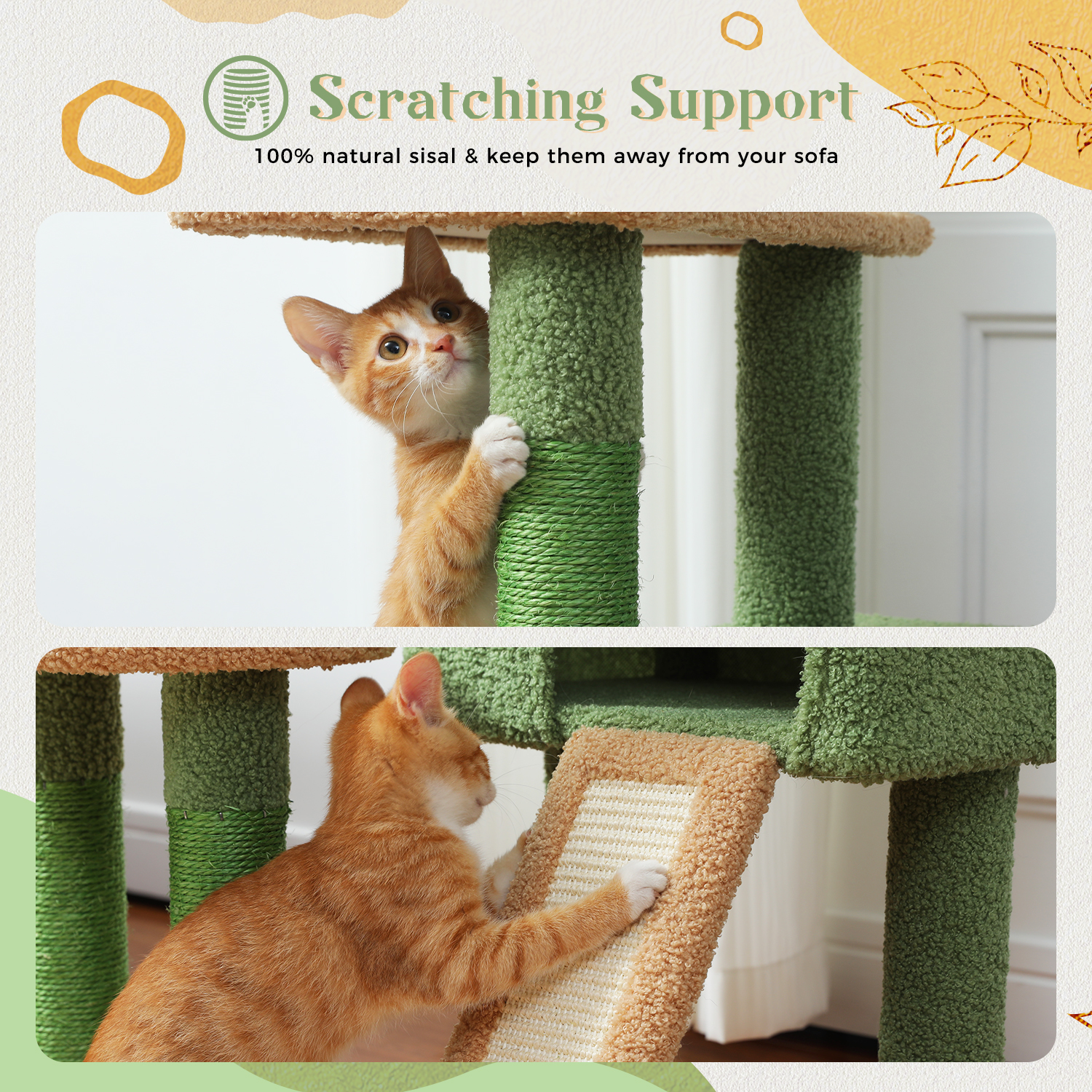 PEQULTI 53" Cactus Cat Tree for Indoor Pet Large Cat Tower with Hammock & Scratching Ladder Green