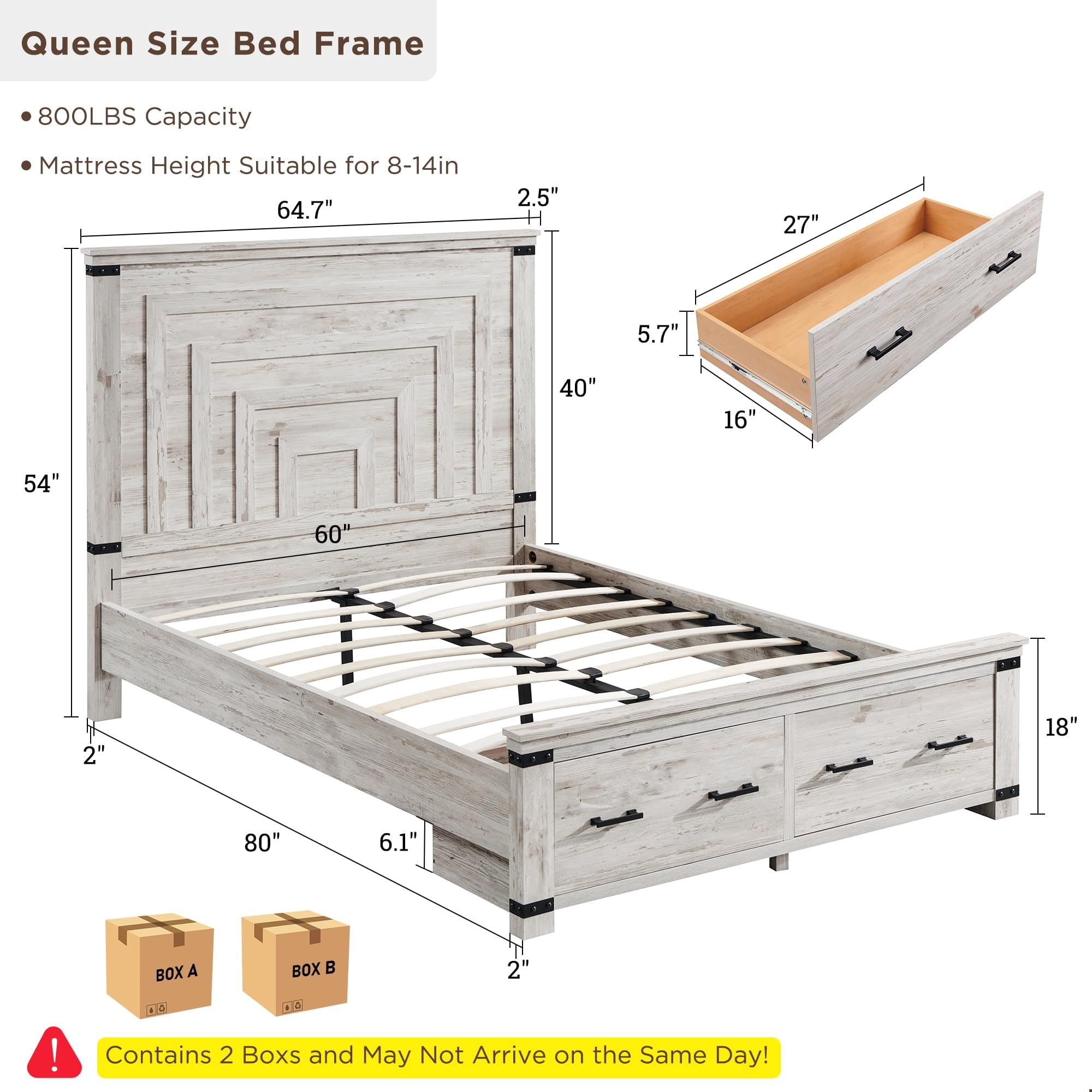 OKD Queen Size Bed Frame W/ 54" Tall Geometric Headboard, Farmhouse Wood Platform Bed W/ 2 Large Storage Drawers, No Box Spring Needed, Antique Brush White