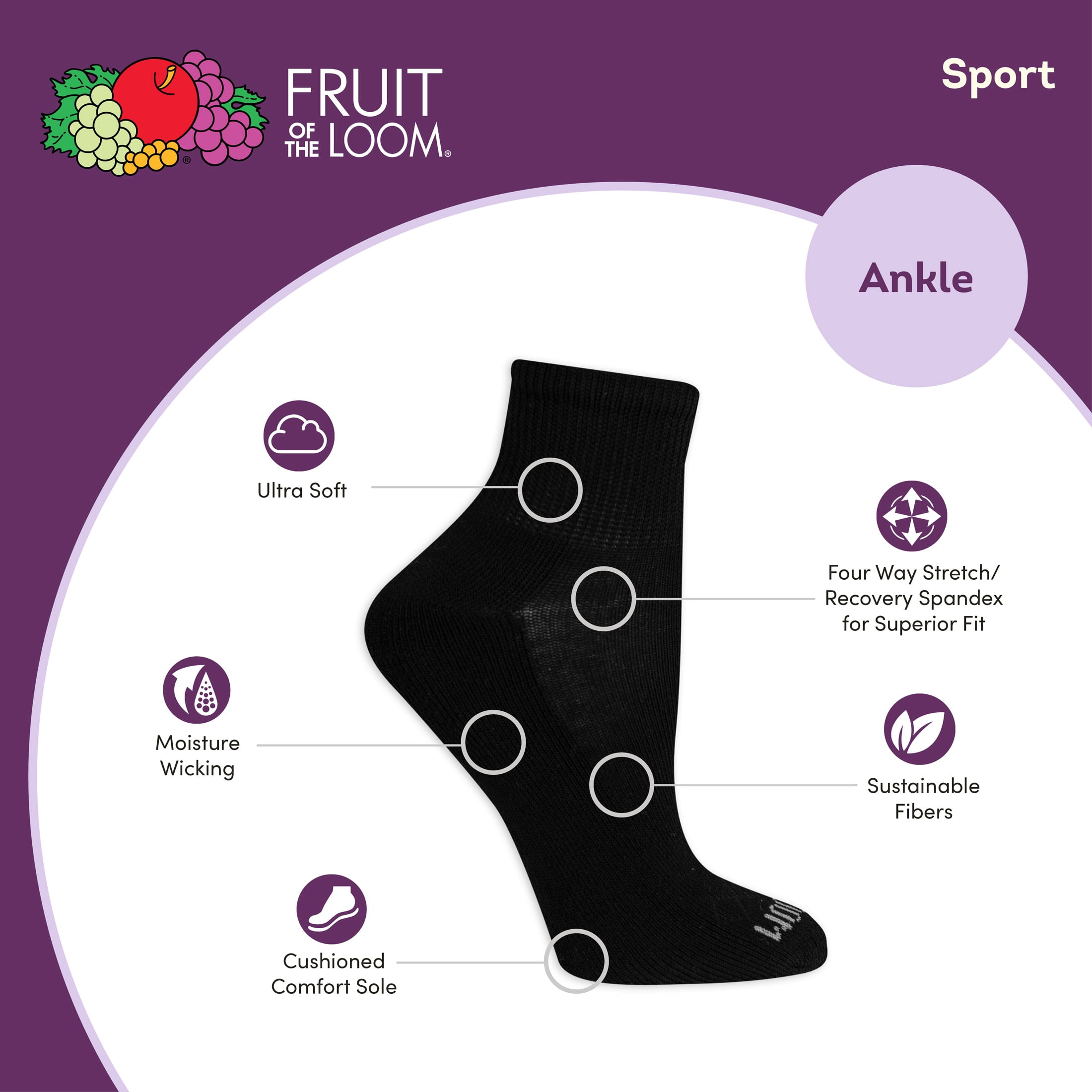 Fruit of the Loom Cushion Ankle Sport Socks for Women, Black, Sizes 4-10 (10-Pack)