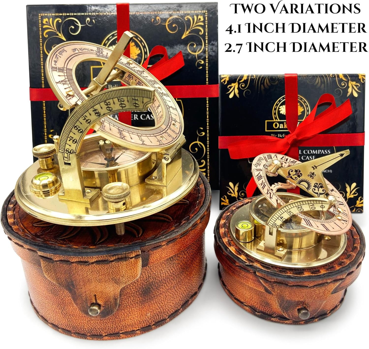 OakiWay Brass Sundial Compass with Leather Case - Vintage Nautical Pocket Watch Clock Design, Antique Maritime Decor & Gift for Men, Sailors, Engineers, and Collectors - (4.1" inch)