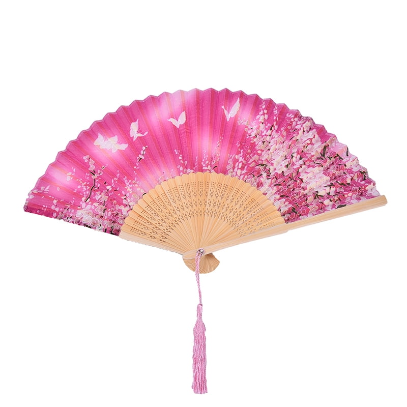 Chinese Hand Held Fan Bamboo Silk Butterfly & Flower Folding Fan Wedding Dec RHC 