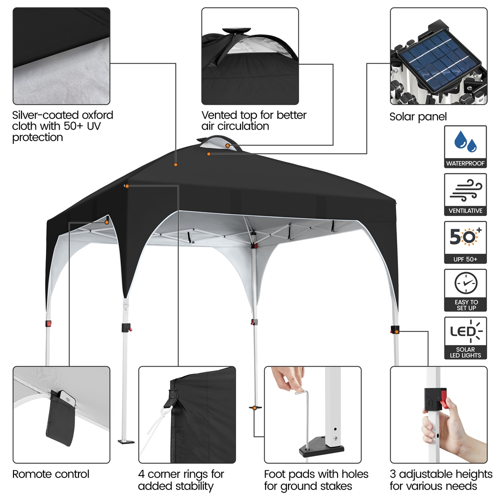Alden Design 10 ft Pop-Up Canopy Tent W/ 17 Solar LED Lights Sandbags Roller bag for Outdoor, Black