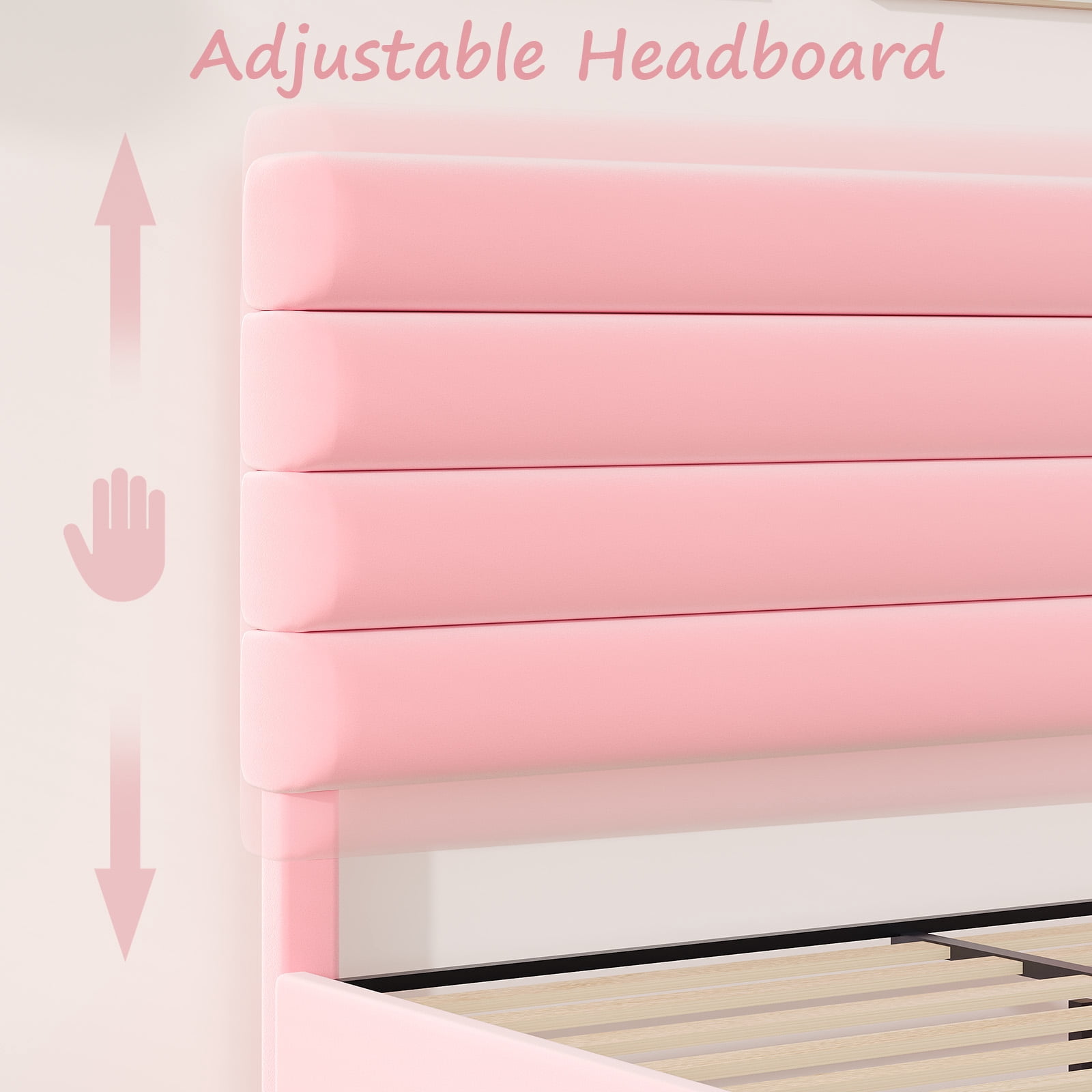 4 EVER WINNER Full Platform Bed with Horizontal Stitched Pink Velvet Headboard, Upholstered Base, Stable Slat Support, Easy Assembly