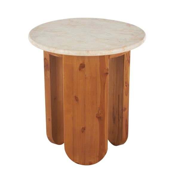 DecMode 20" x 22" Brown Teak Wood Handmade Accent Table with Beige Marble Tabletop, 1-Piece