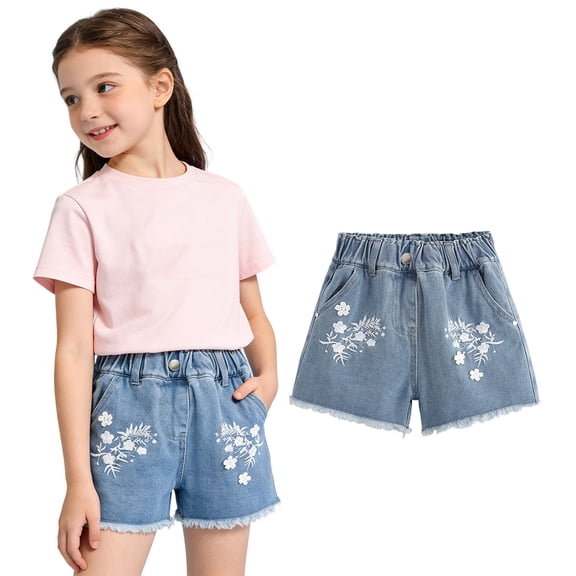 Jean Shorts Girls Elastic Waist Floral Embroidered Shorts Girls Straight Leg Denim Shorts Girls Summer Clothes for Kids 10-11 Years