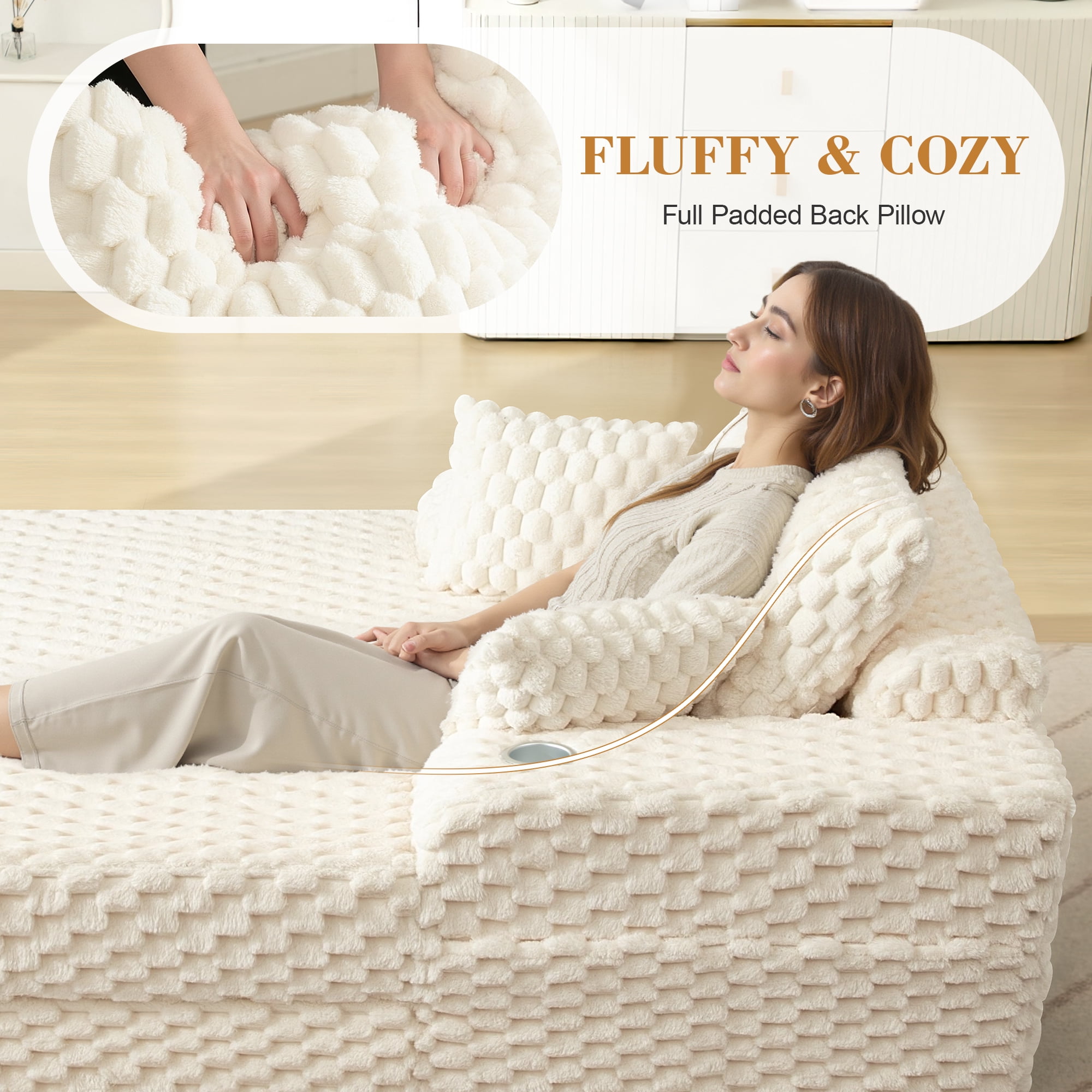 COOLHUT 46.7" W Oversized Floor Chaise Lounge Chair Sofa with Cup Holders, Cloud Plush Floor Sofa Bed Upholstered Deep Seat Sleeper Reading Chair Couch for Living Room, No Assembly, Beige