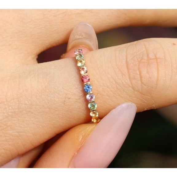 Rainbow Sapphire Eternity Band, Ombere Sapphire Band ,925 Starling Silver Gift Band, Unique Engagement Band, Multi Color Gemstone, Anniversary Gift For Her