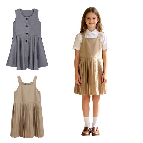 School Uniform Dresses for Girls Sleeveless Uniform Jumper Dress A-Line Pleated Hem Khaki Dress Girls Fashion 3-4 Years
