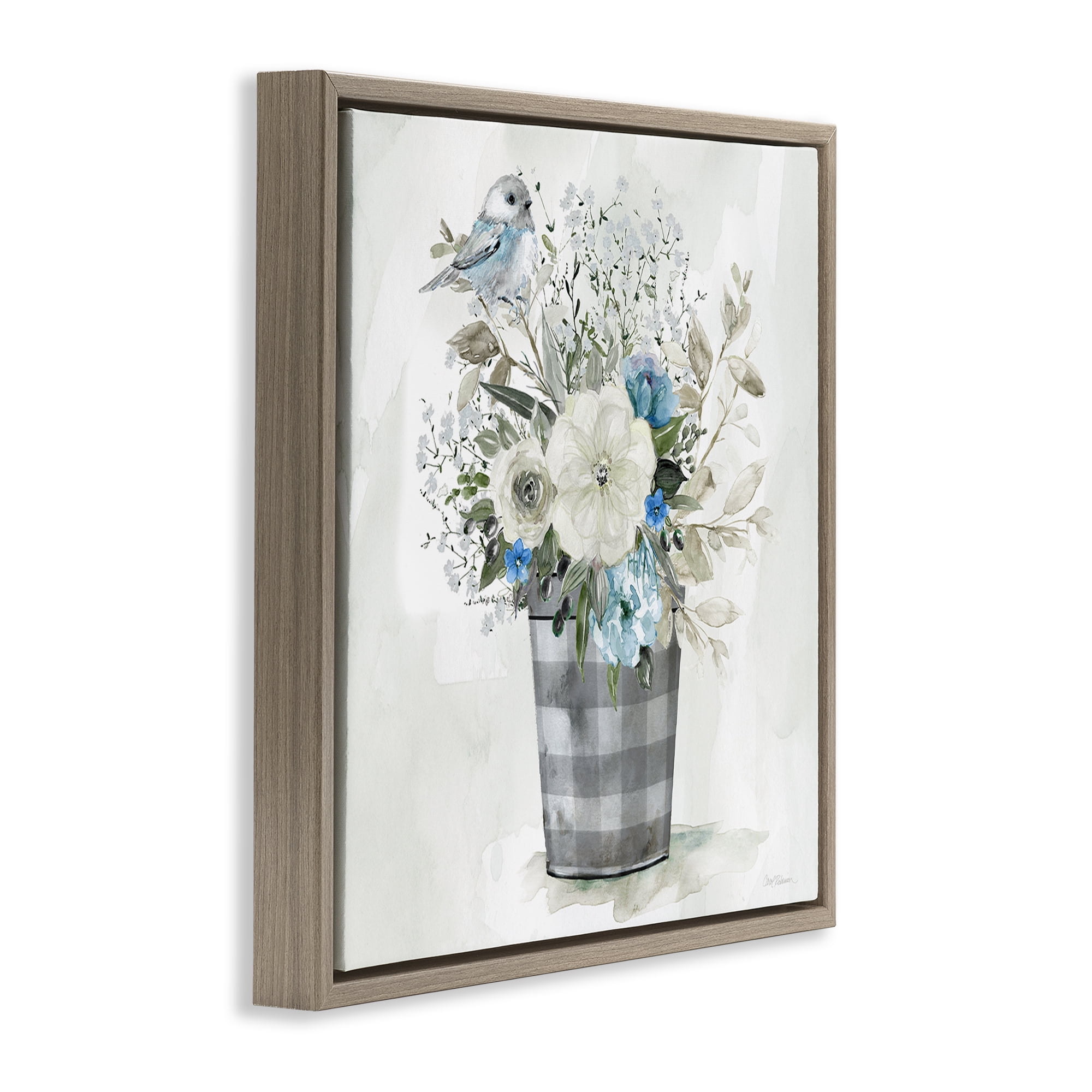 Stupell Industries Cottage Blooms Plaid Vase Plants & Flowers Painting Brown Floater Framed Canvas Art Print Wall Art, 25 x 25