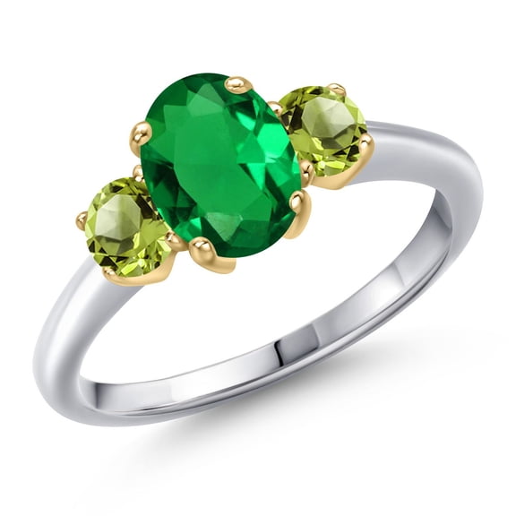 Gem Stone King 10K Two Tone Gold Green Nano Emerald and Green Peridot Engagement Ring for Women | 1.35 Cttw | Oval 8X6MM | Gemstone May Birthstone | Size 7