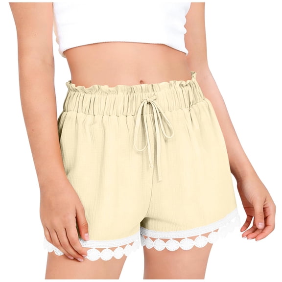 Ruffle Shorts Girls Elastic High Waisted Summer Short with Floral Lace Patterned Hem Casual Travel Vacation Beach Shorts with Pockets 7-8 Years