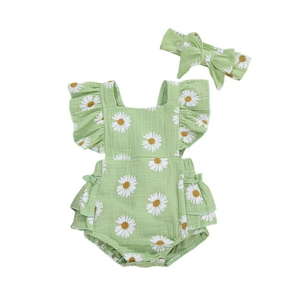 

Calsunbaby Newborn Baby Girls Summer Clothes Set Infant Sleeveless Ruffled Chrysanthemum Print Romper Bowknot Headband