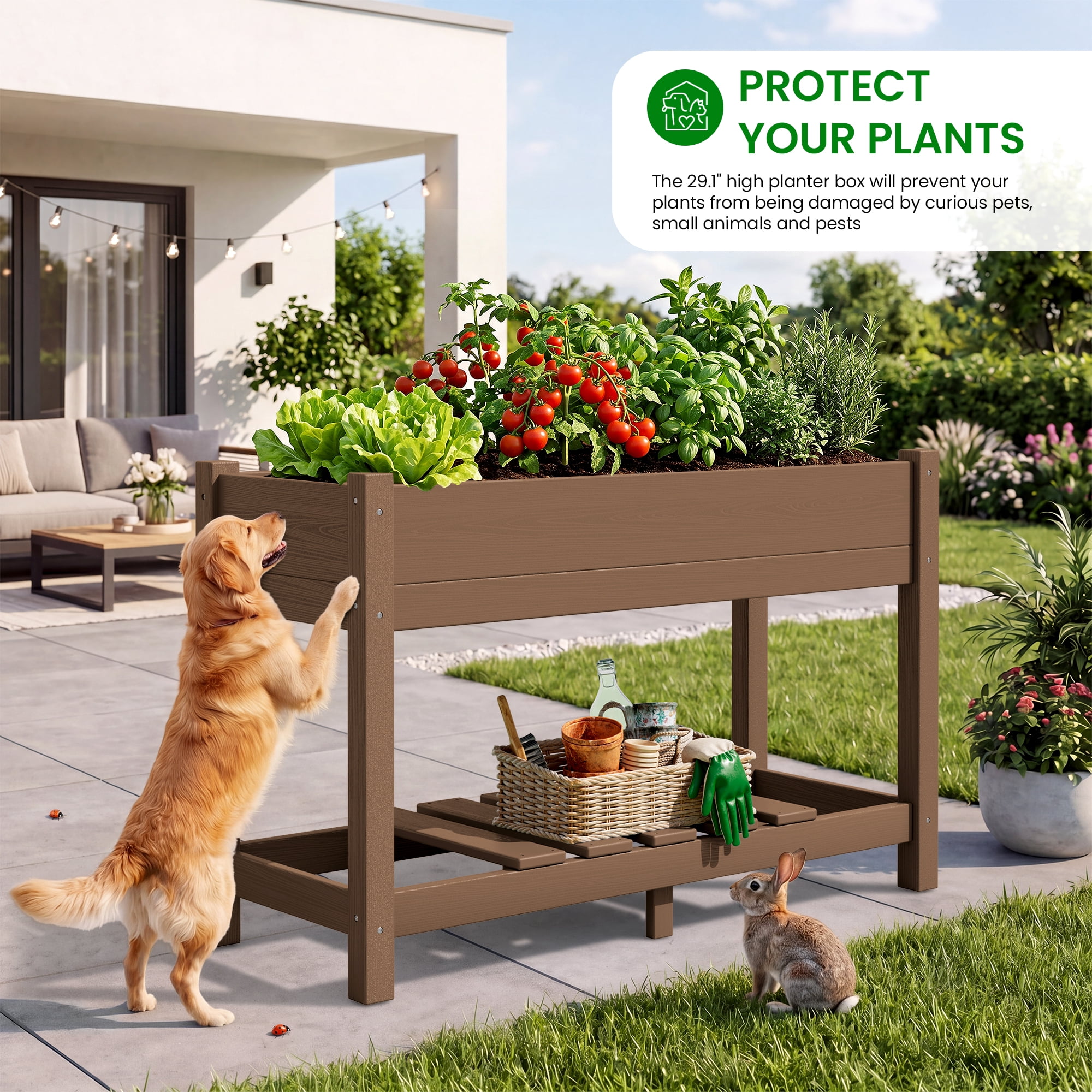SERWALL HDPE Raised Garden Bed with Legs, 43"x16"x30" Elevated Planter Box, Outdoor Planter for Vegetables Flowers, 2-Piece, Brown