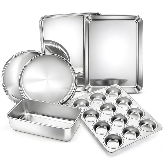 Vesteel 6 Piece Bakeware Set, Stainless Steel Baking Pans set for Oven, Include 8-Inch Cake Pan/Rectangle Baking Cookie Sheet/Muffin/Loaf Pan, Non-Toxic & Heavy Duty, Dishwasher Safe