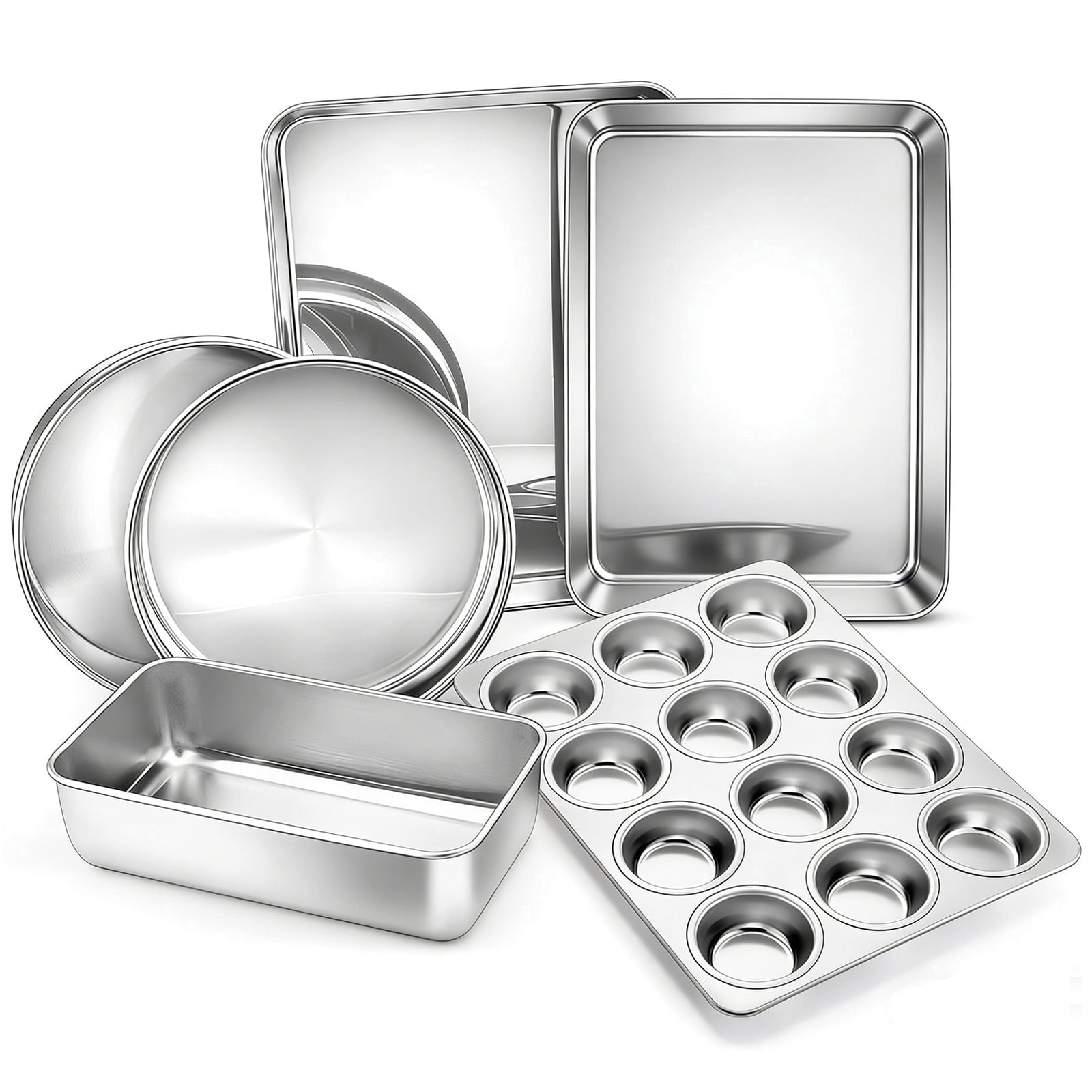 Vesteel 6 Piece Bakeware Set, Stainless Steel Baking Pans set for Oven, Include 8-Inch Cake Pan/Rectangle Baking Cookie Sheet/Muffin/Loaf Pan, Non-Toxic & Heavy Duty, Dishwasher Safe